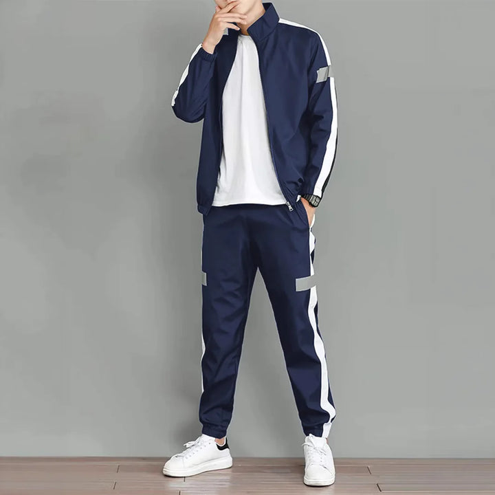 Men’s 2-Piece Reflective Stripe Tracksuit – Zip-Up Stand Collar Jacket & Jogger Pants