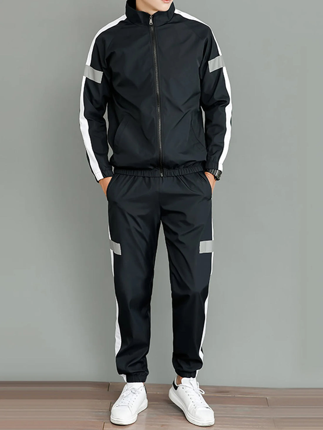 Men’s 2-Piece Reflective Stripe Tracksuit – Zip-Up Stand Collar Jacket & Jogger Pants