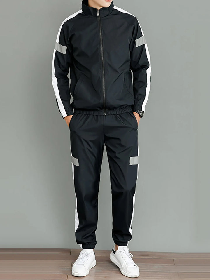 Men’s 2-Piece Reflective Stripe Tracksuit – Zip-Up Stand Collar Jacket & Jogger Pants