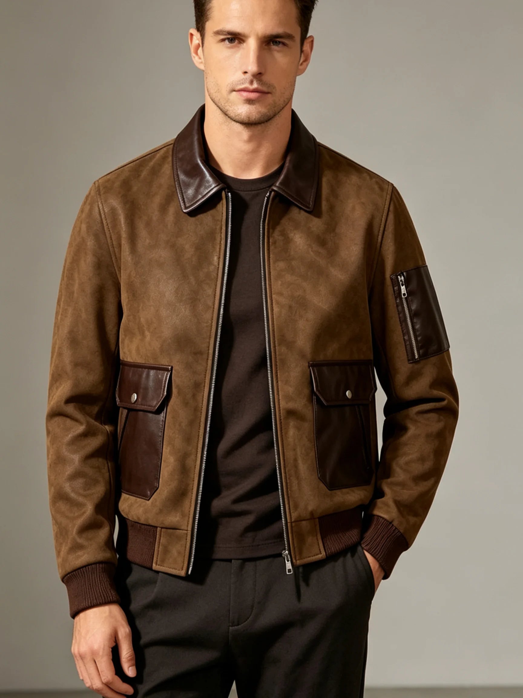Men’s Suede Leather Patchwork Bomber Jacket – Retro Rib Collar Full-Zip Coat