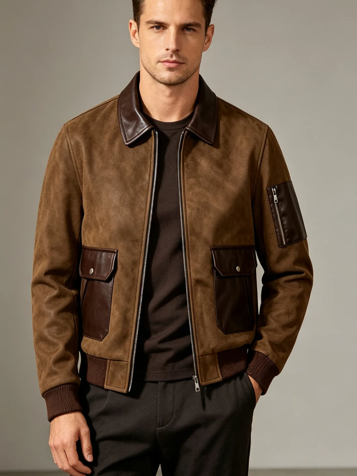 Men’s Suede Leather Patchwork Bomber Jacket – Retro Rib Collar Full-Zip Coat