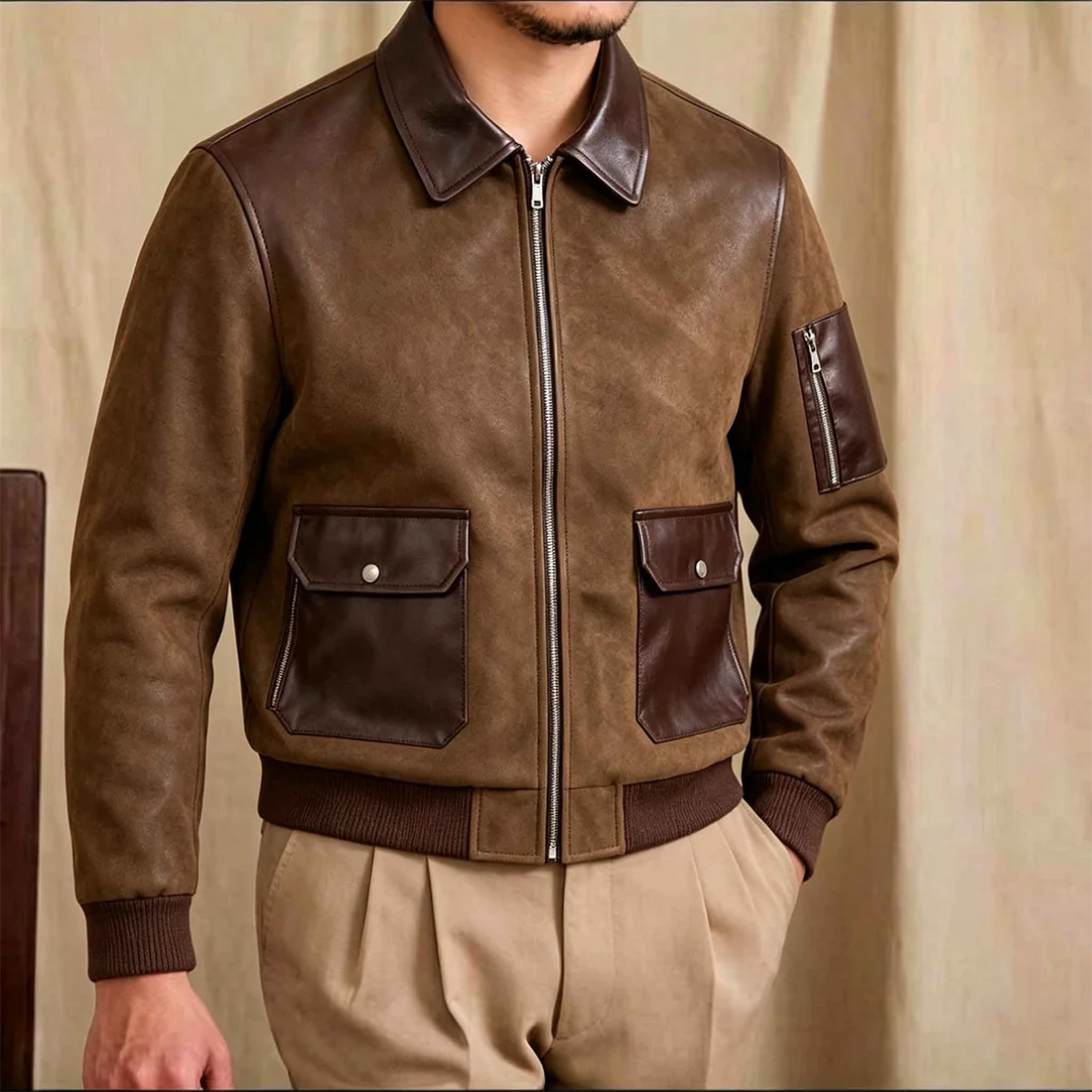 Men’s Suede Leather Patchwork Bomber Jacket – Retro Rib Collar Full-Zip Coat