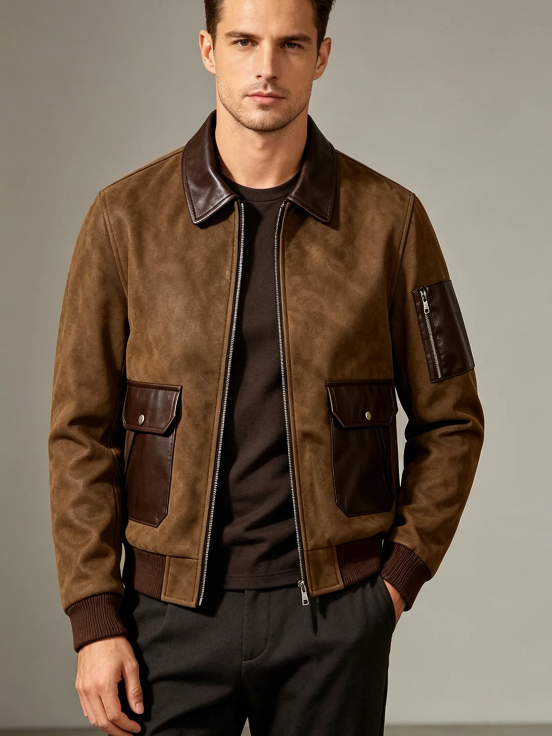 Men’s Suede Leather Patchwork Bomber Jacket – Retro Rib Collar Full-Zip Coat