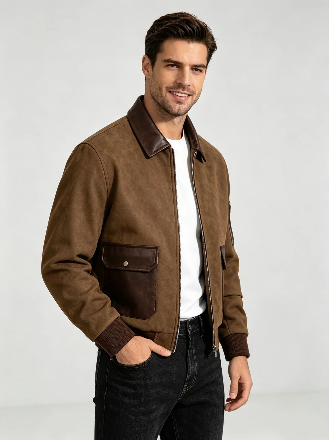 Men’s Suede Patchwork Bomber Jacket – Vintage Multi-Pocket Full-Zip Outerwear