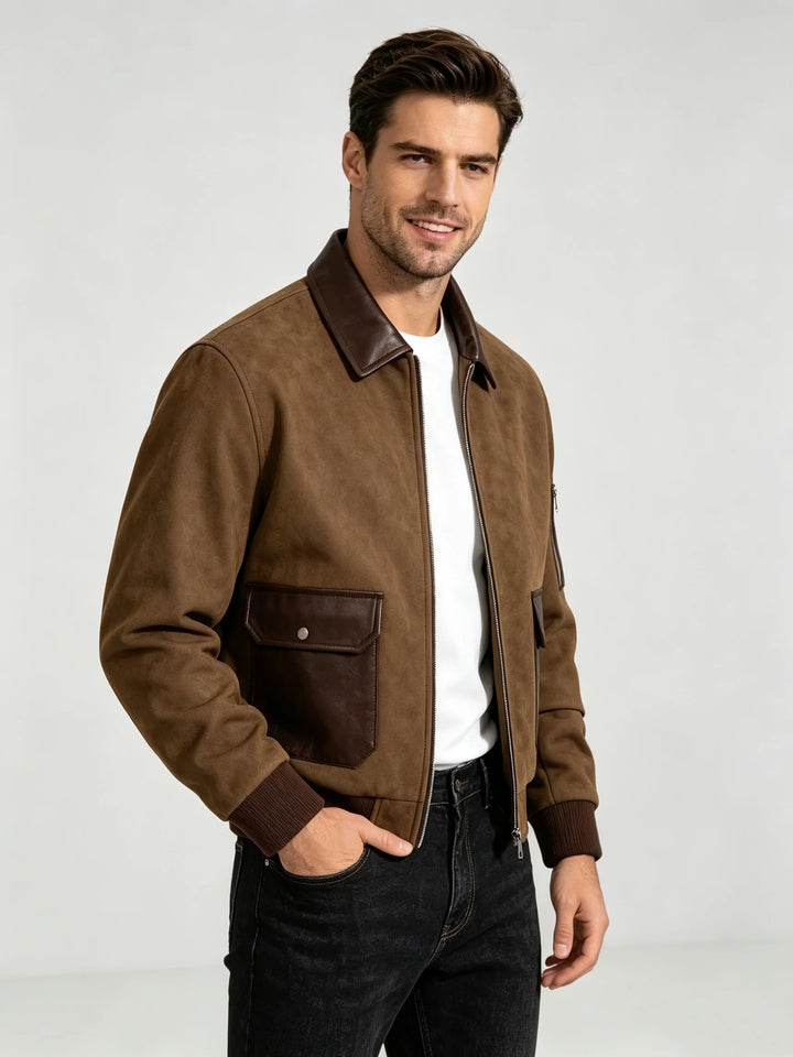 Men’s Suede Patchwork Bomber Jacket – Vintage Multi-Pocket Full-Zip Outerwear