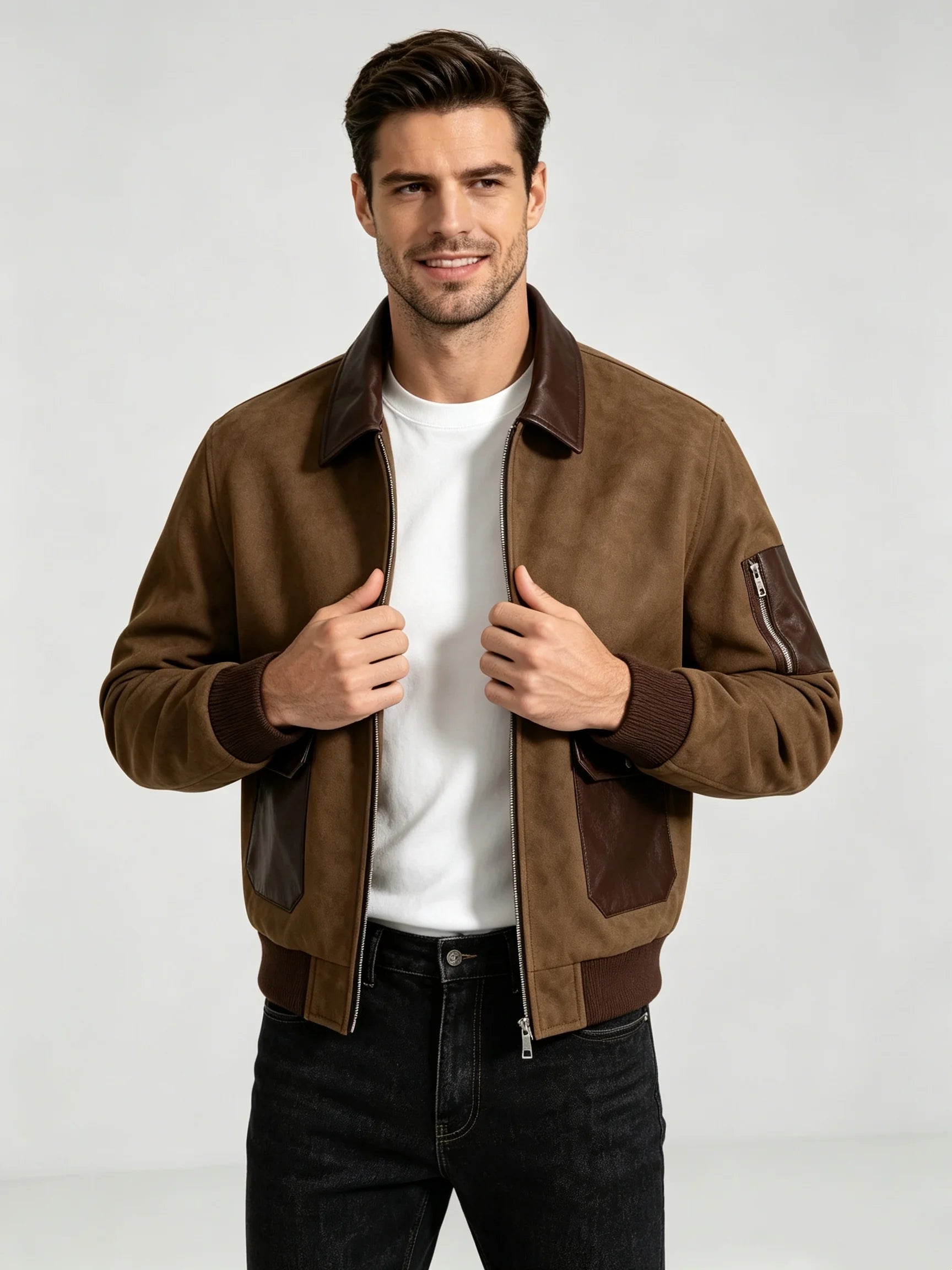 Men’s Suede Patchwork Bomber Jacket – Vintage Multi-Pocket Full-Zip Outerwear