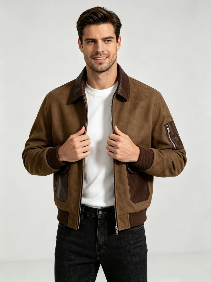 Men’s Suede Patchwork Bomber Jacket – Vintage Multi-Pocket Full-Zip Outerwear