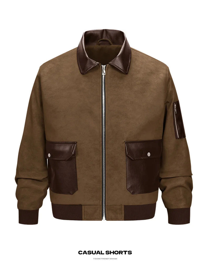Men’s Suede Patchwork Bomber Jacket – Vintage Multi-Pocket Full-Zip Outerwear