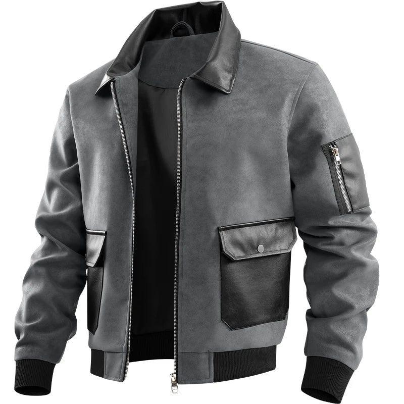 Men’s Suede Patchwork Bomber Jacket – Vintage Multi-Pocket Full-Zip Outerwear