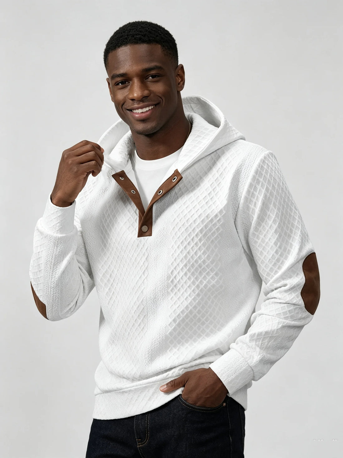 Men’s White Jacquard Knit Half-Zip Hoodie – Contrast Leather Patchwork Autumn Winter Sweatshirt