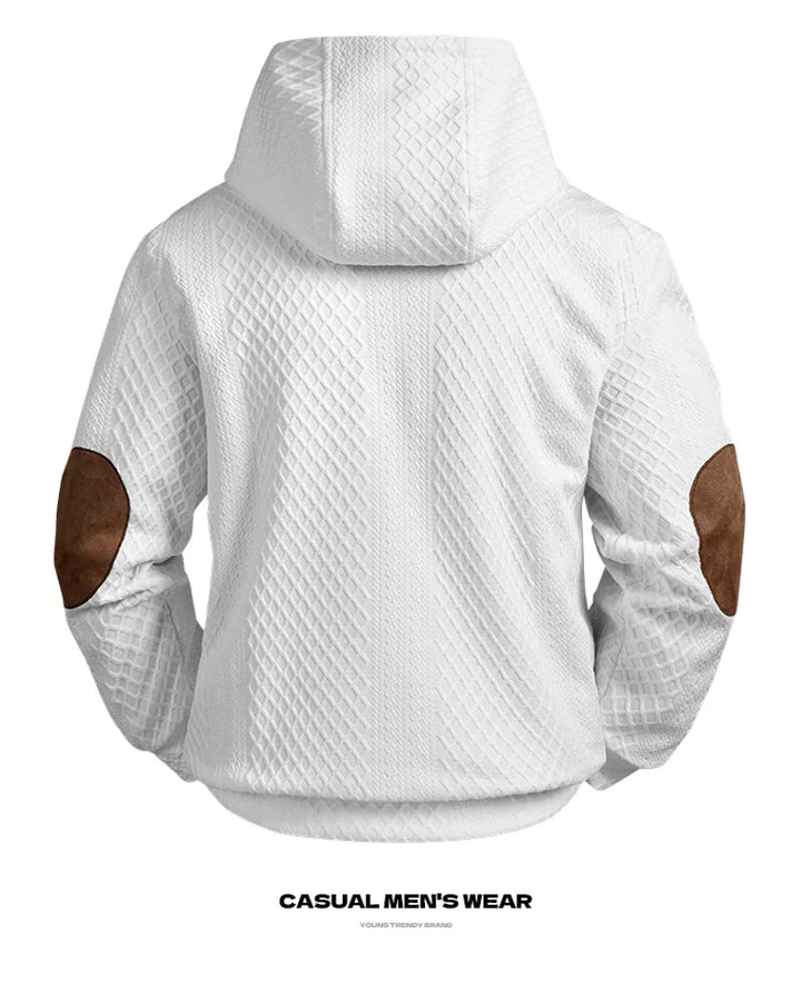 Men’s White Jacquard Knit Half-Zip Hoodie – Contrast Leather Patchwork Autumn Winter Sweatshirt