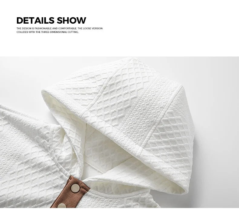 Men’s White Jacquard Knit Half-Zip Hoodie – Contrast Leather Patchwork Autumn Winter Sweatshirt