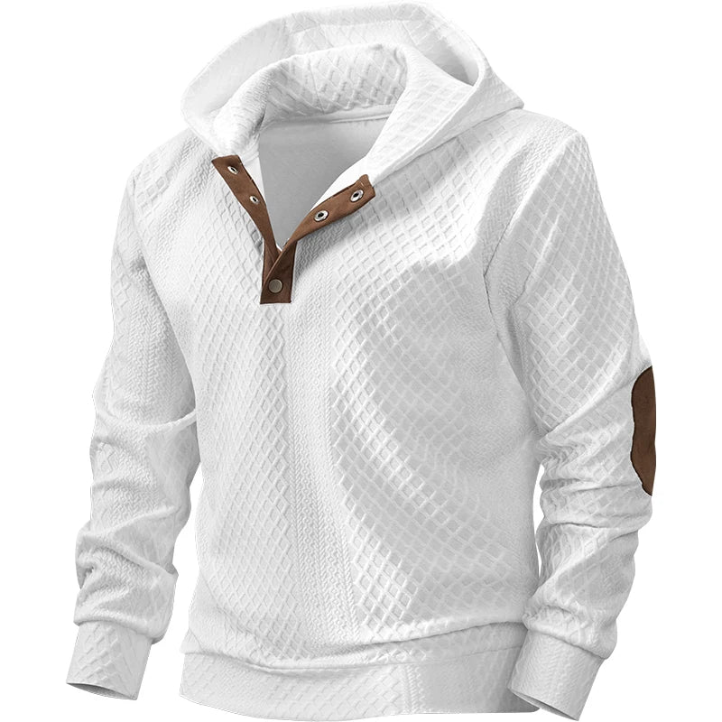 Men’s White Jacquard Knit Half-Zip Hoodie – Contrast Leather Patchwork Autumn Winter Sweatshirt