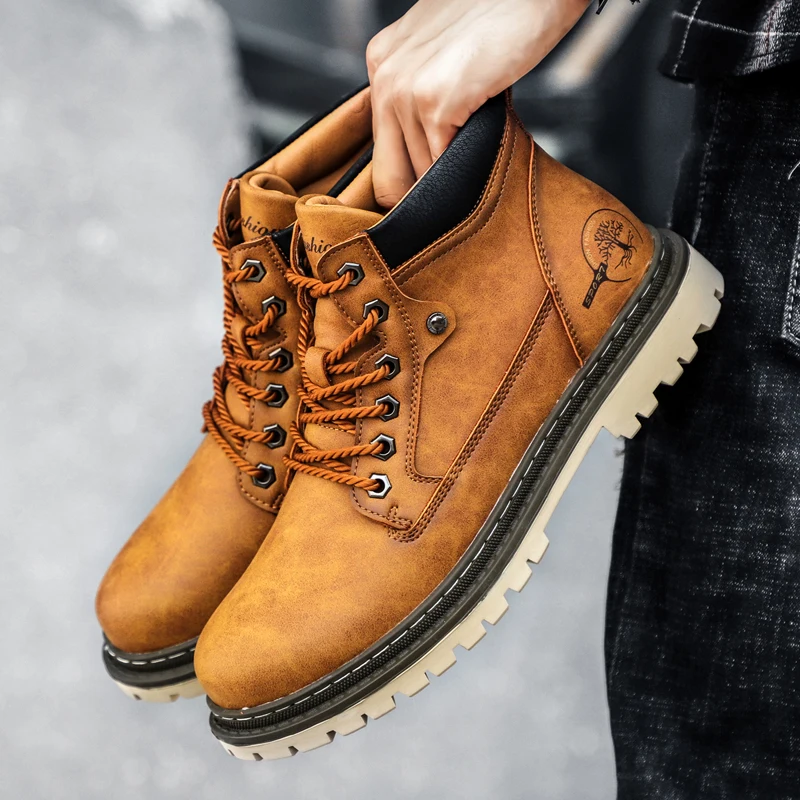 Men's Yellow Leather Combat Boots – Waterproof Non-Slip Chunky Sole Motorcycle Boots