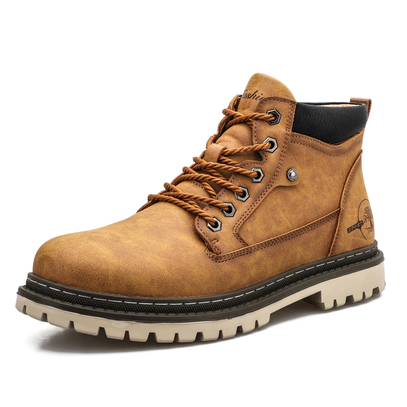 Men's Yellow Leather Combat Boots – Waterproof Non-Slip Chunky Sole Motorcycle Boots