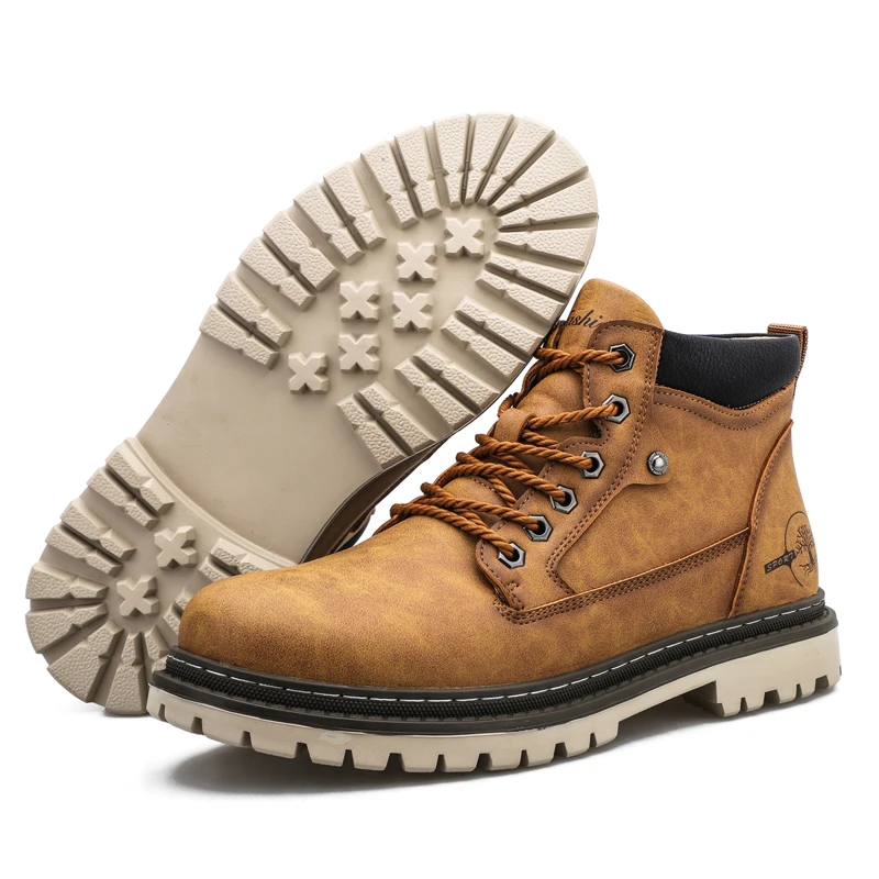 Men's Yellow Leather Combat Boots – Waterproof Non-Slip Chunky Sole Motorcycle Boots