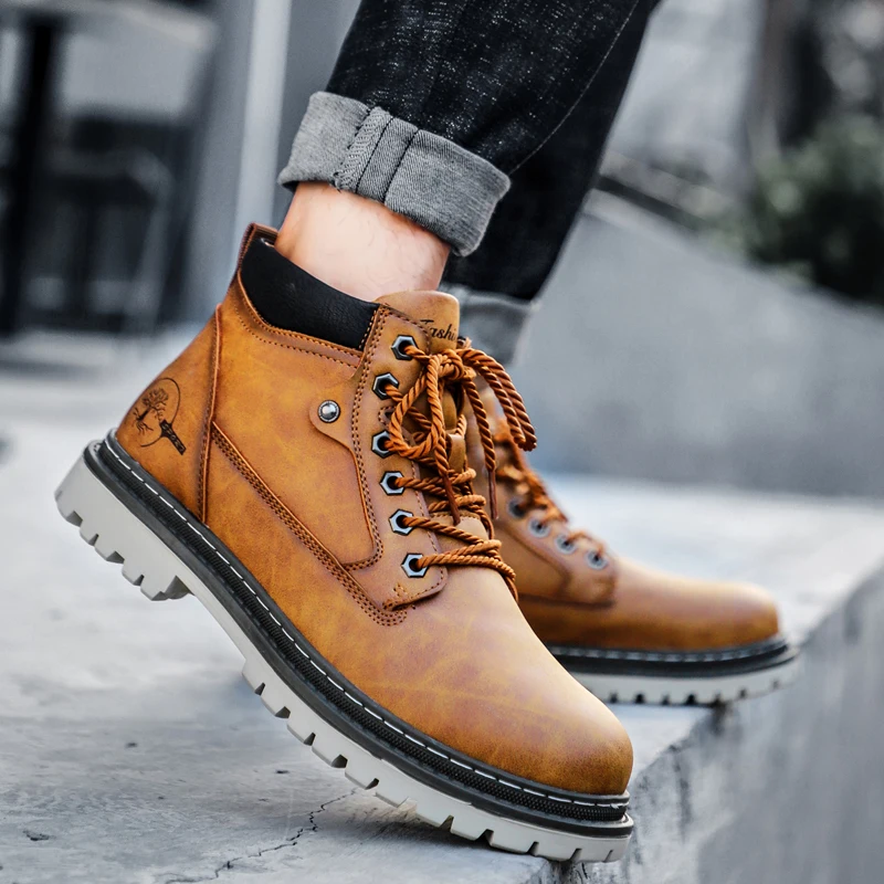 Men's Yellow Leather Combat Boots – Waterproof Non-Slip Chunky Sole Motorcycle Boots