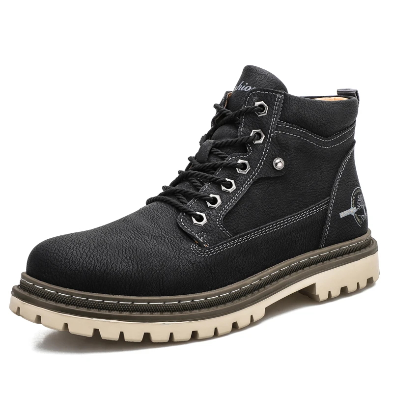 Men's Yellow Leather Combat Boots – Waterproof Non-Slip Chunky Sole Motorcycle Boots