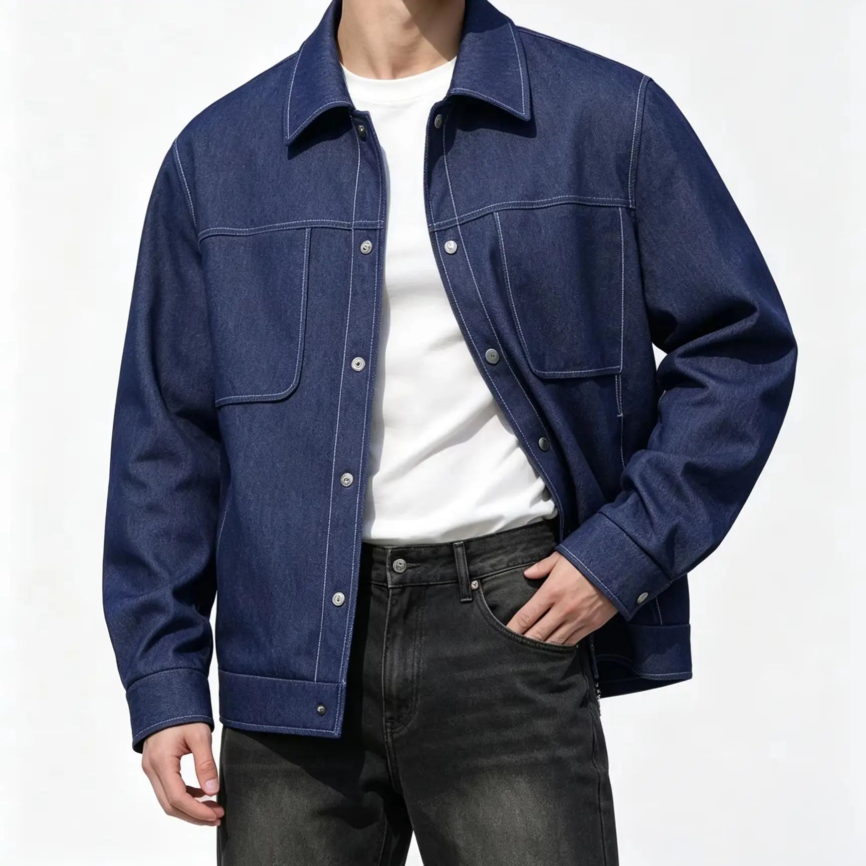 Men’s Blue Denim Jacket with White Stitching – Loose Fit Lapel Button-Up Streetwear Jacket