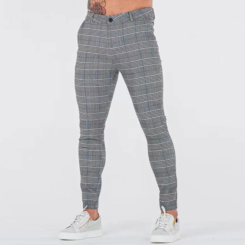 Men’s Skinny Stretch Check Pants Slim Fit Classic Trousers Office Party Wear