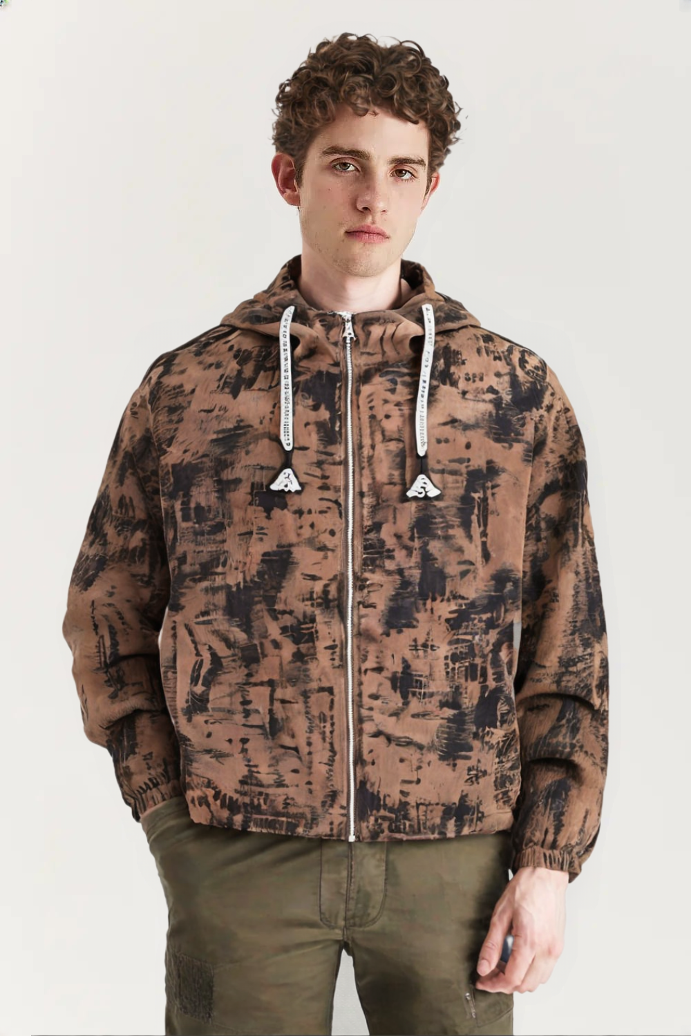 Men’s Ink Print Hooded Jacket – Full-Zip Loose Fit Casual Streetwear Outerwear
