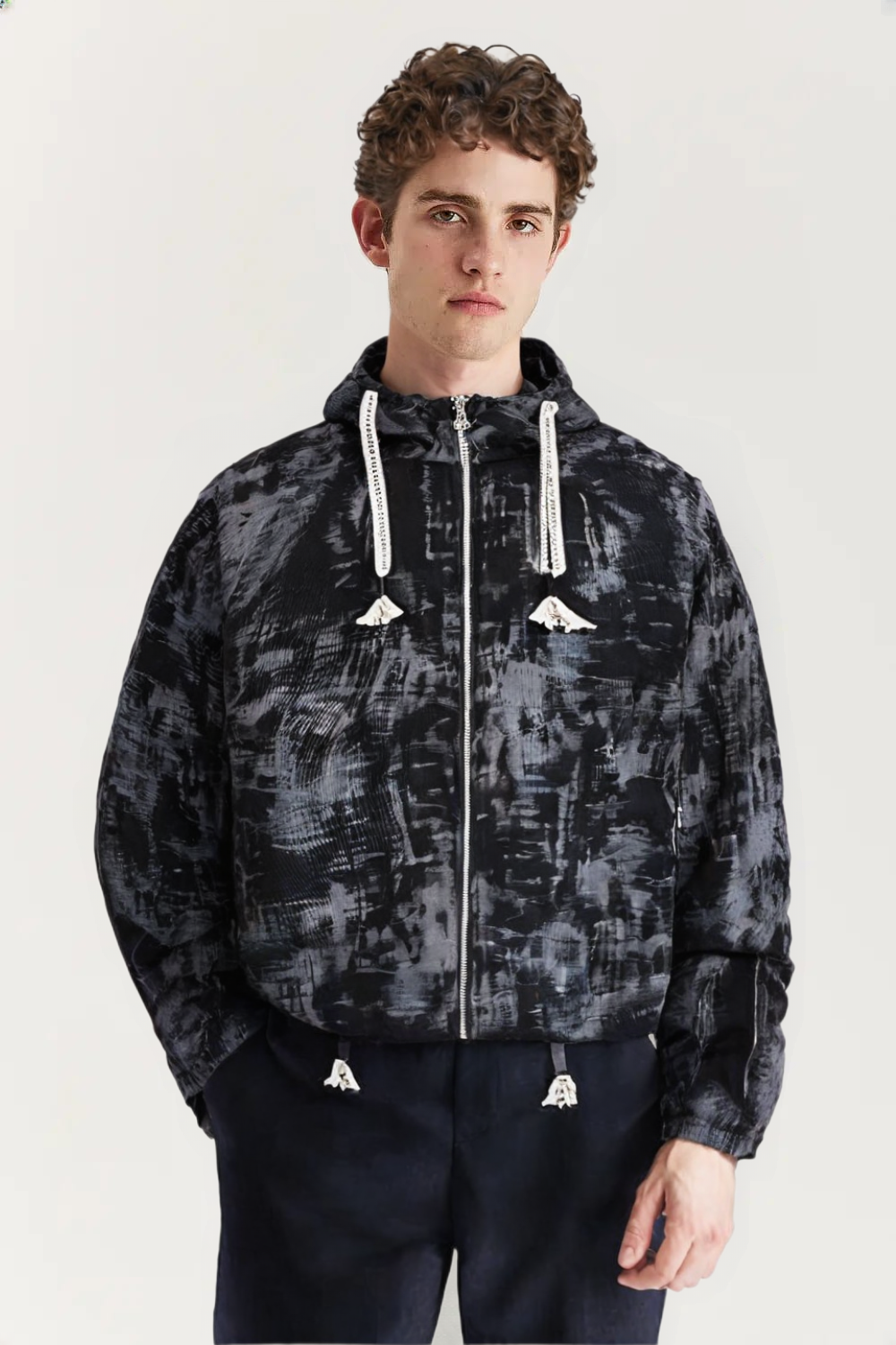 Men’s Ink Print Hooded Jacket – Full-Zip Loose Fit Casual Streetwear Outerwear