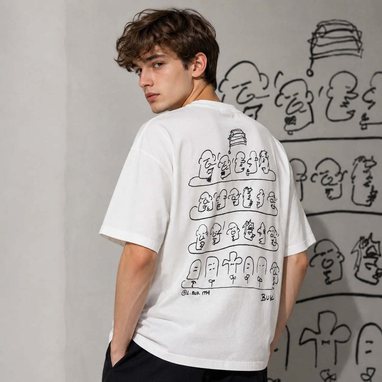 Men's Abstract Sketch Print T-Shirt - Oversized Crew Neck Streetwear