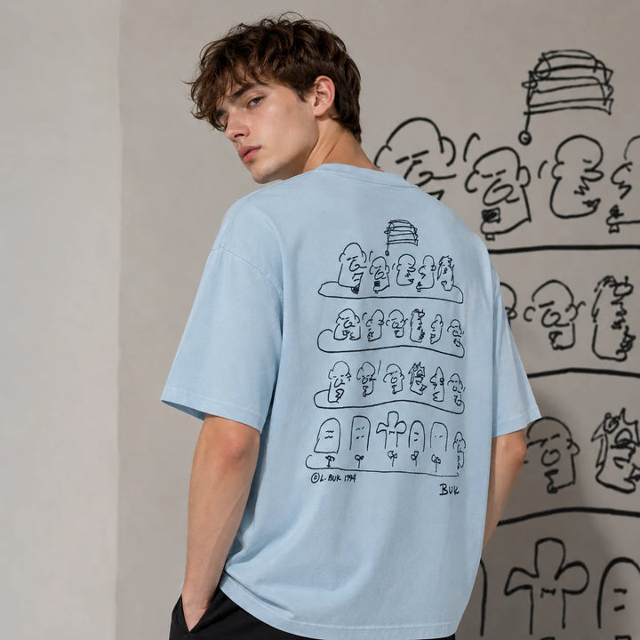 Men's Abstract Sketch Print T-Shirt - Oversized Crew Neck Streetwear