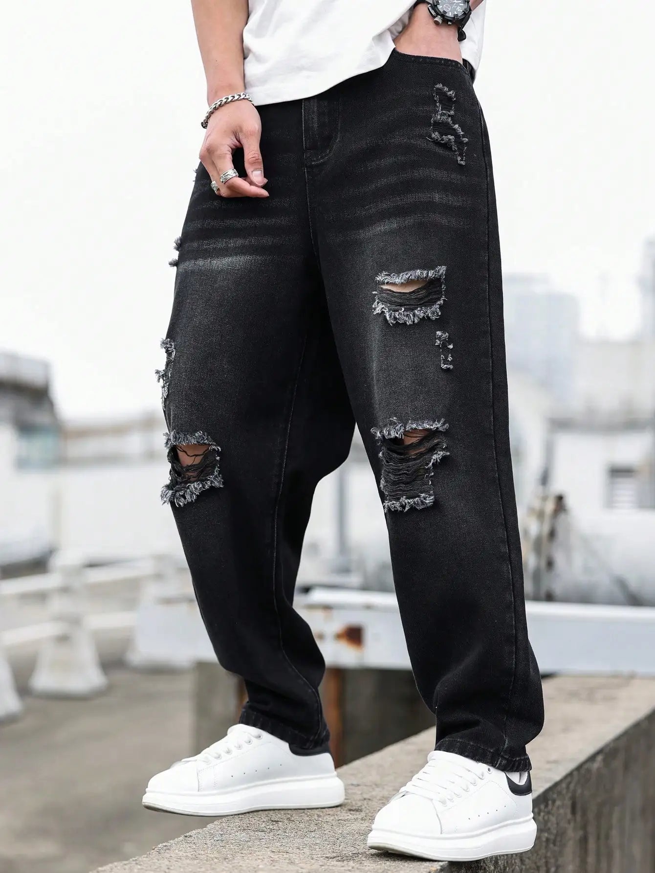 Men’s Black Ripped Harem Jeans – Relaxed Fit Casual Denim Pants