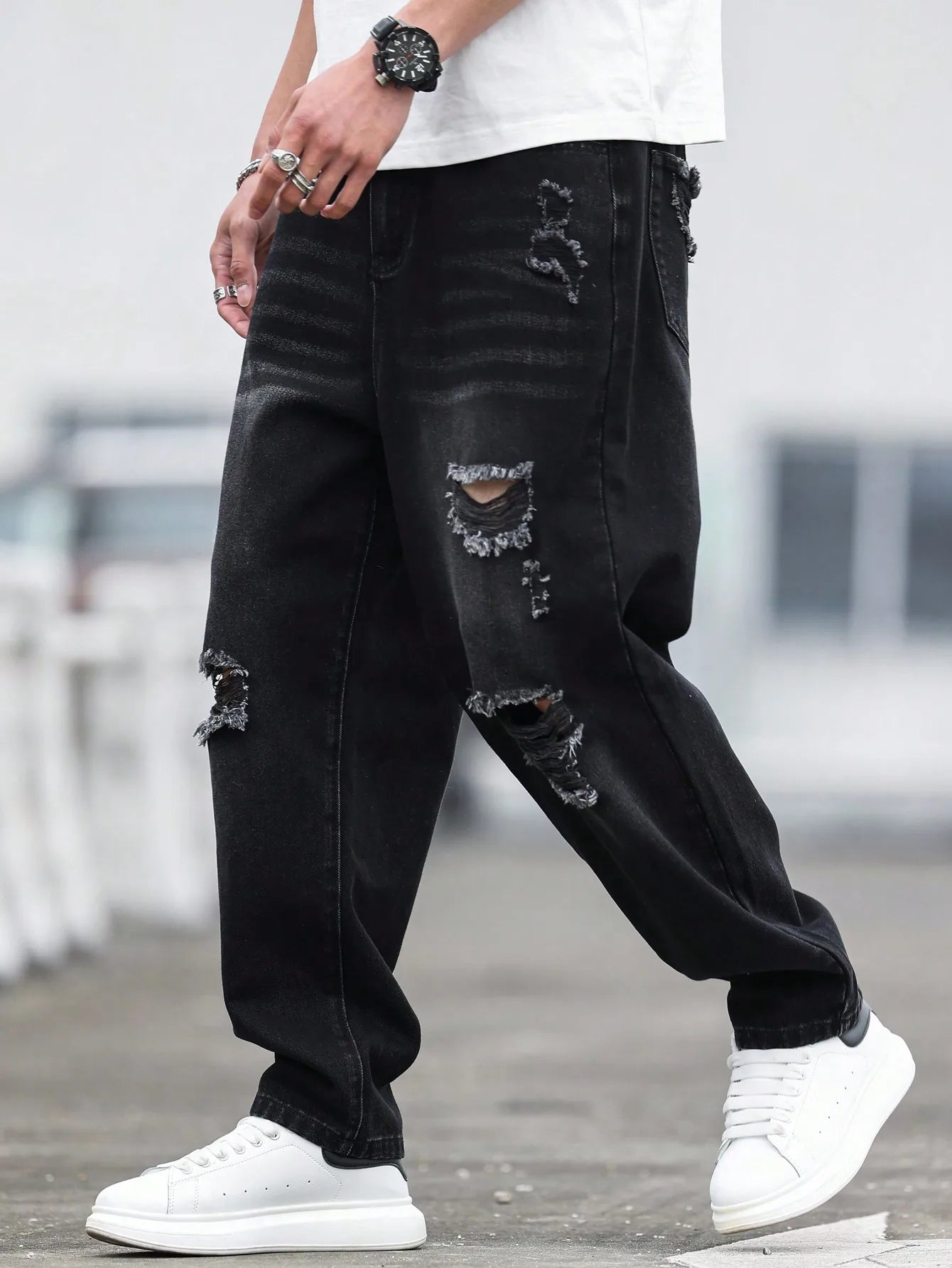 Men’s Black Ripped Harem Jeans – Relaxed Fit Casual Denim Pants