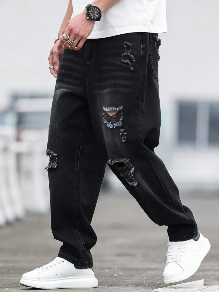 Men’s Black Ripped Harem Jeans – Relaxed Fit Casual Denim Pants