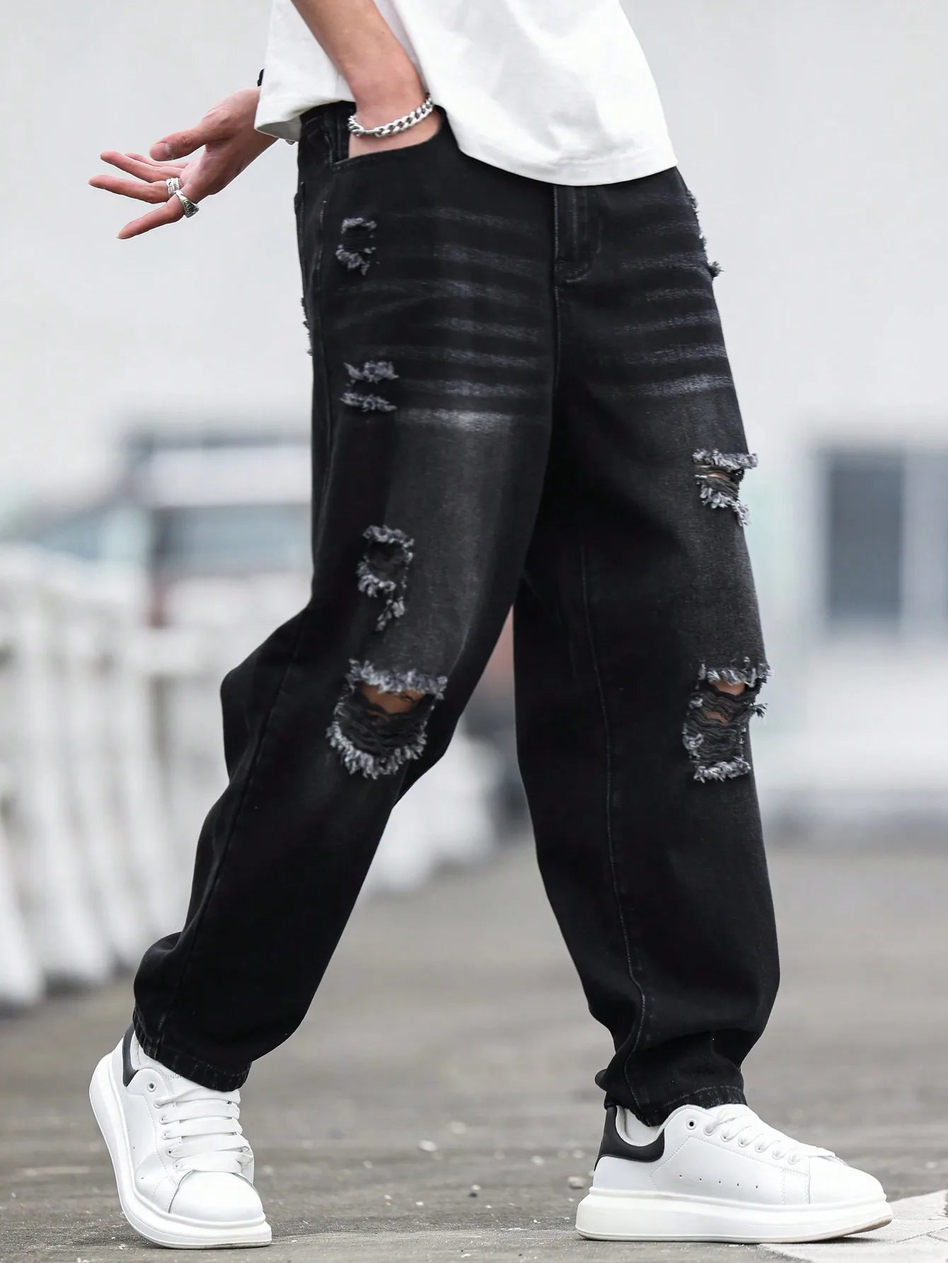 Men’s Black Ripped Harem Jeans – Relaxed Fit Casual Denim Pants