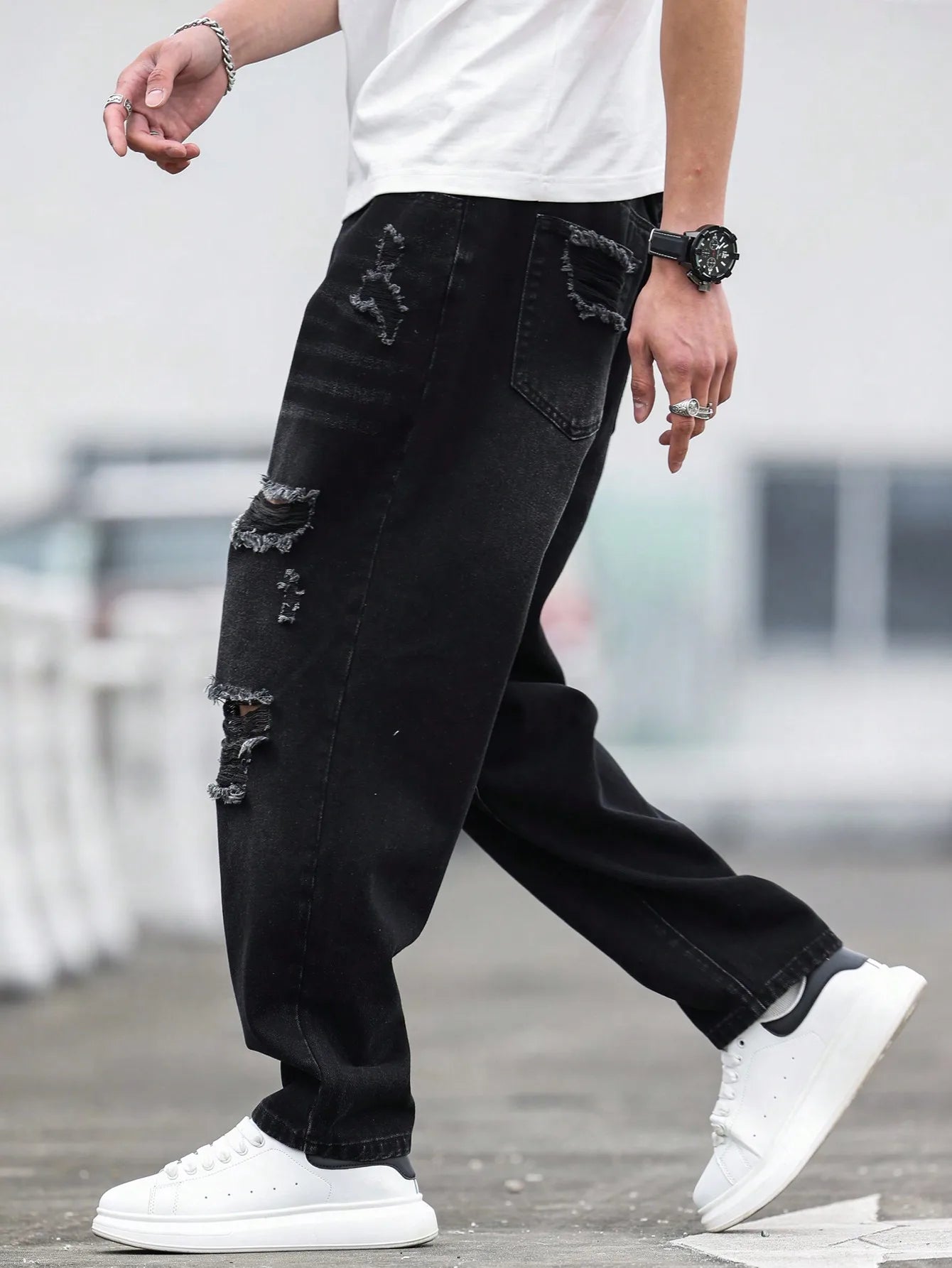 Men’s Black Ripped Harem Jeans – Relaxed Fit Casual Denim Pants