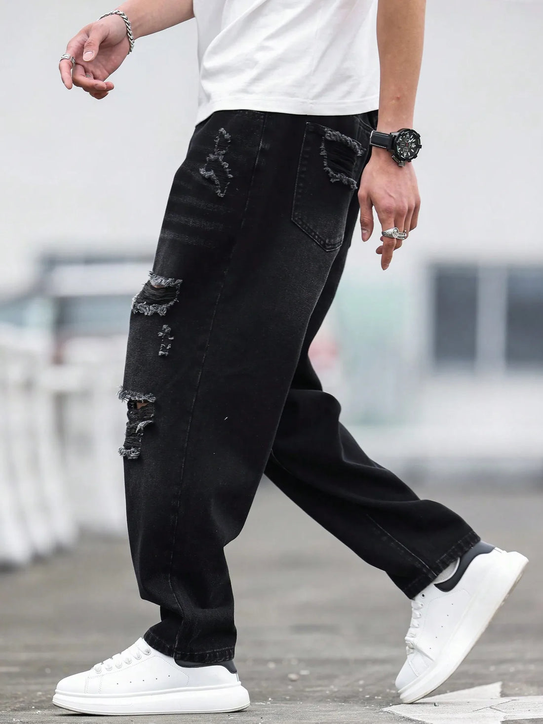 Men’s Black Ripped Harem Jeans – Relaxed Fit Casual Denim Pants