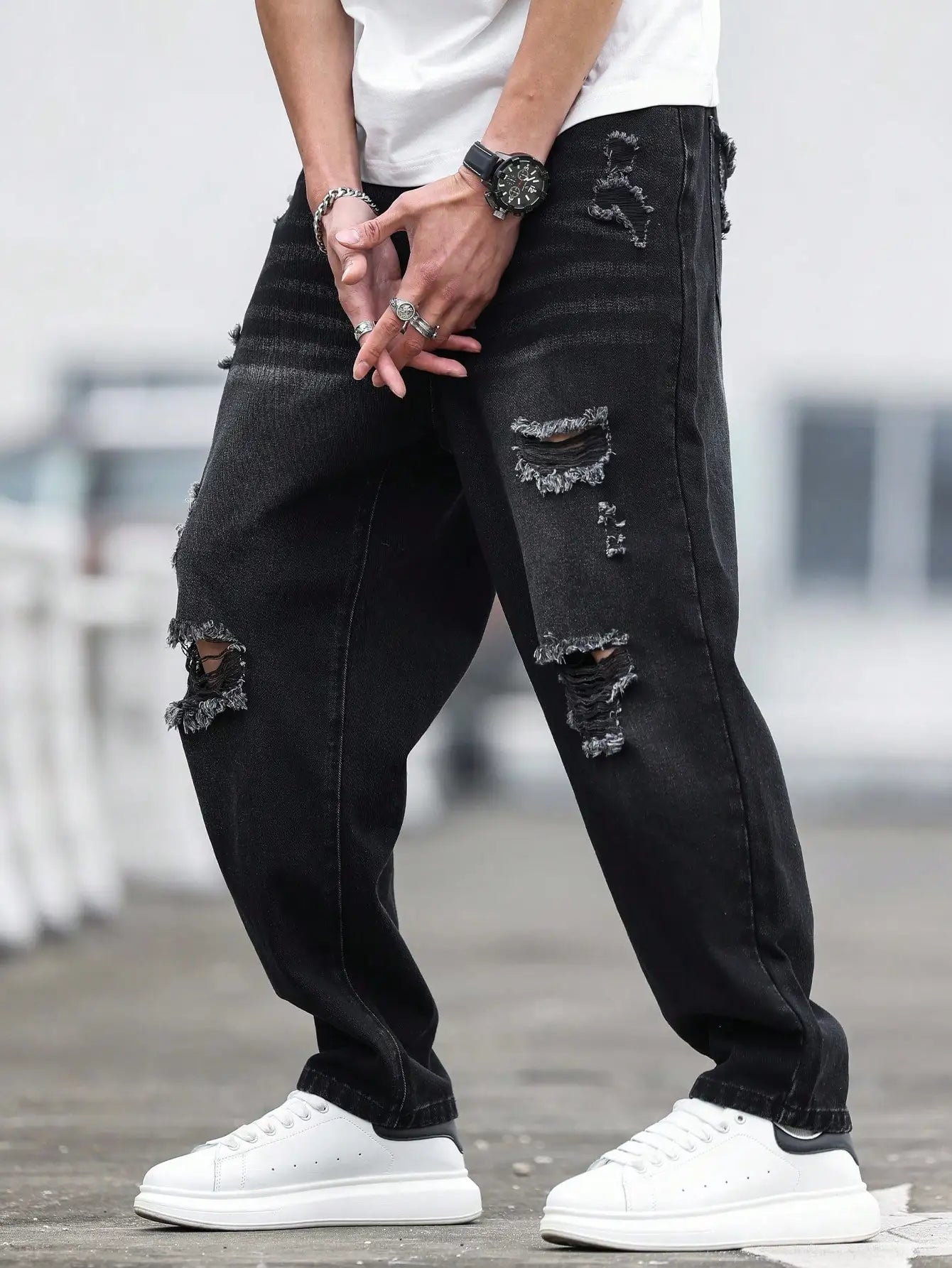 Men’s Black Ripped Harem Jeans – Relaxed Fit Casual Denim Pants