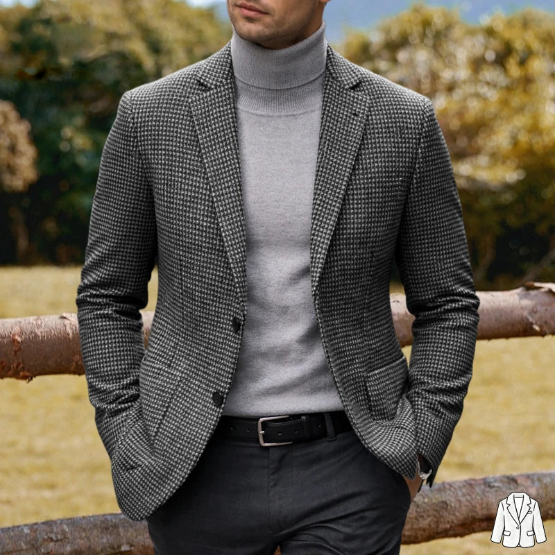 Men's Houndstooth Wool Blend Blazer – Slim Fit Business & Casual Suit Jacket
