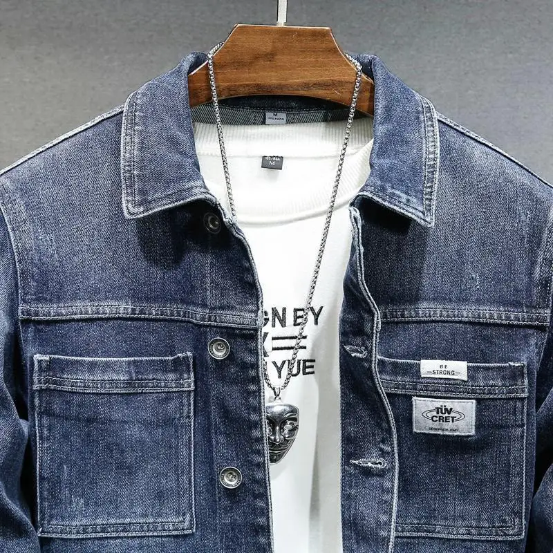 Men’s Blue Washed Denim Jacket – Single-Breasted Cotton Workwear Coat
