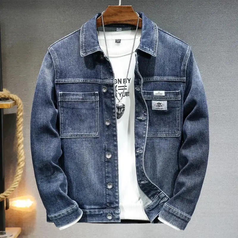 Men’s Blue Washed Denim Jacket – Single-Breasted Cotton Workwear Coat