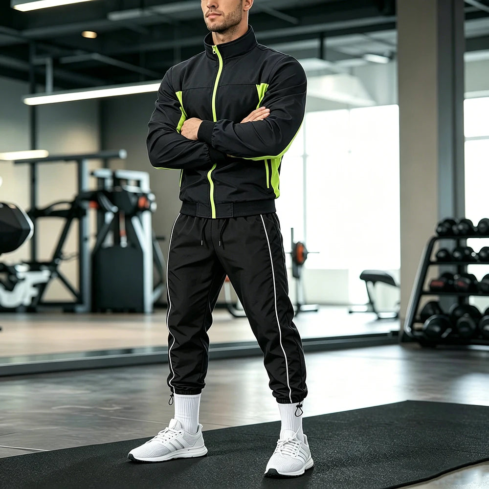 Men’s Color Block 2-Piece Tracksuit Set – Zip-Up Stand Collar Jacket Sweatpants