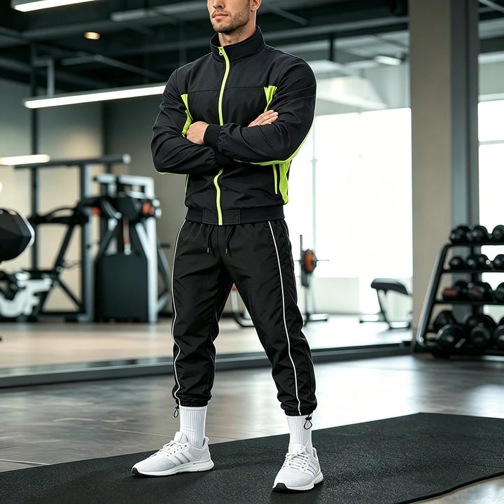 Men’s Color Block 2-Piece Tracksuit Set – Zip-Up Stand Collar Jacket Sweatpants