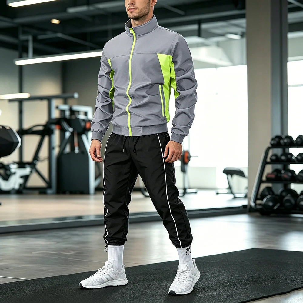 Men’s Color Block 2-Piece Tracksuit Set – Zip-Up Stand Collar Jacket Sweatpants
