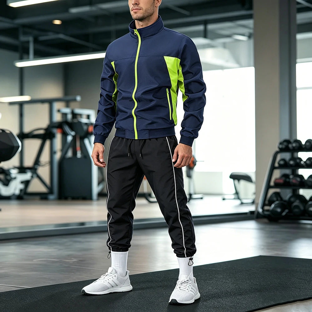 Men’s Color Block 2-Piece Tracksuit Set – Zip-Up Stand Collar Jacket Sweatpants