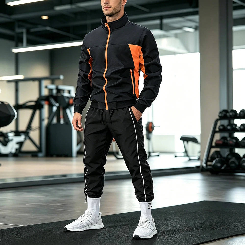 Men’s Color Block 2-Piece Tracksuit Set – Zip-Up Stand Collar Jacket Sweatpants