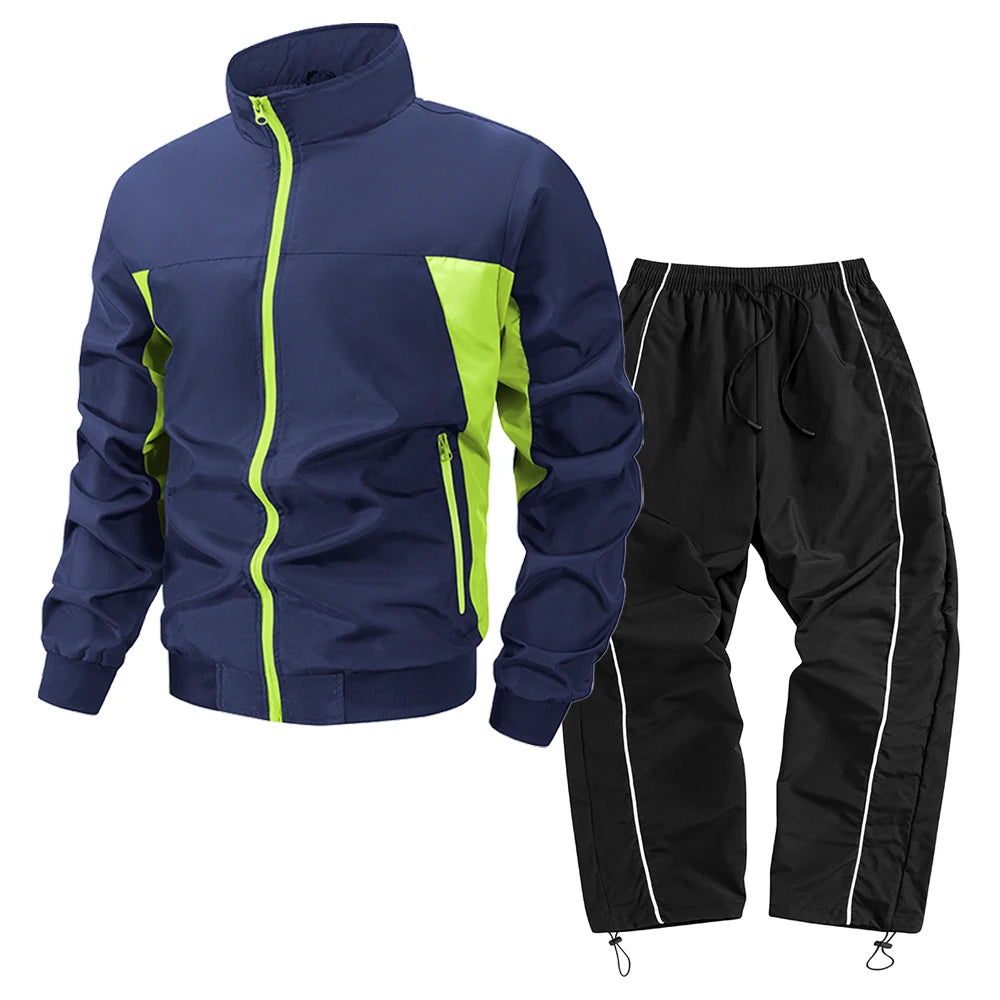 Men’s Color Block 2-Piece Tracksuit Set – Zip-Up Stand Collar Jacket Sweatpants