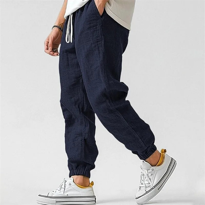 Men's Cotton Linen Blend Jogger Pants High Waist Casual Trousers Breathable Fit Pants