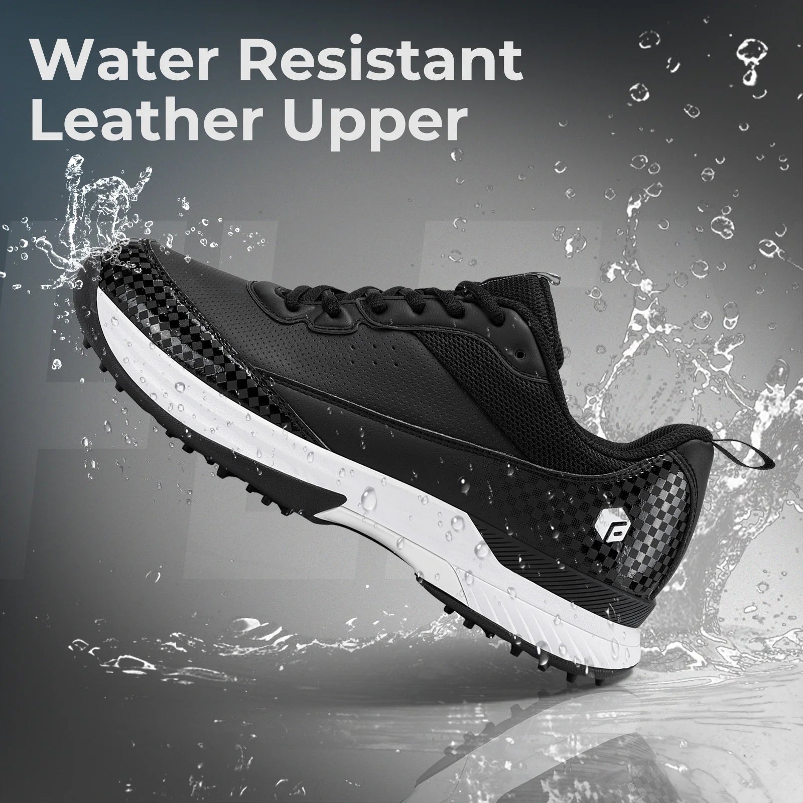 A black and white water-resistant trail running shoe floating in mid-air with water splashes around it. White text at the top reads 'Water Resistant Leather Upper'.