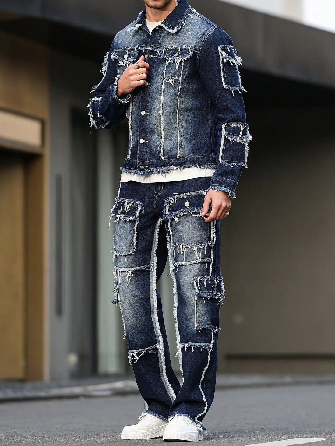 Men's Spring Autumn Denim Suit – Multi-Pocket Jacket & Wide-Leg Jeans