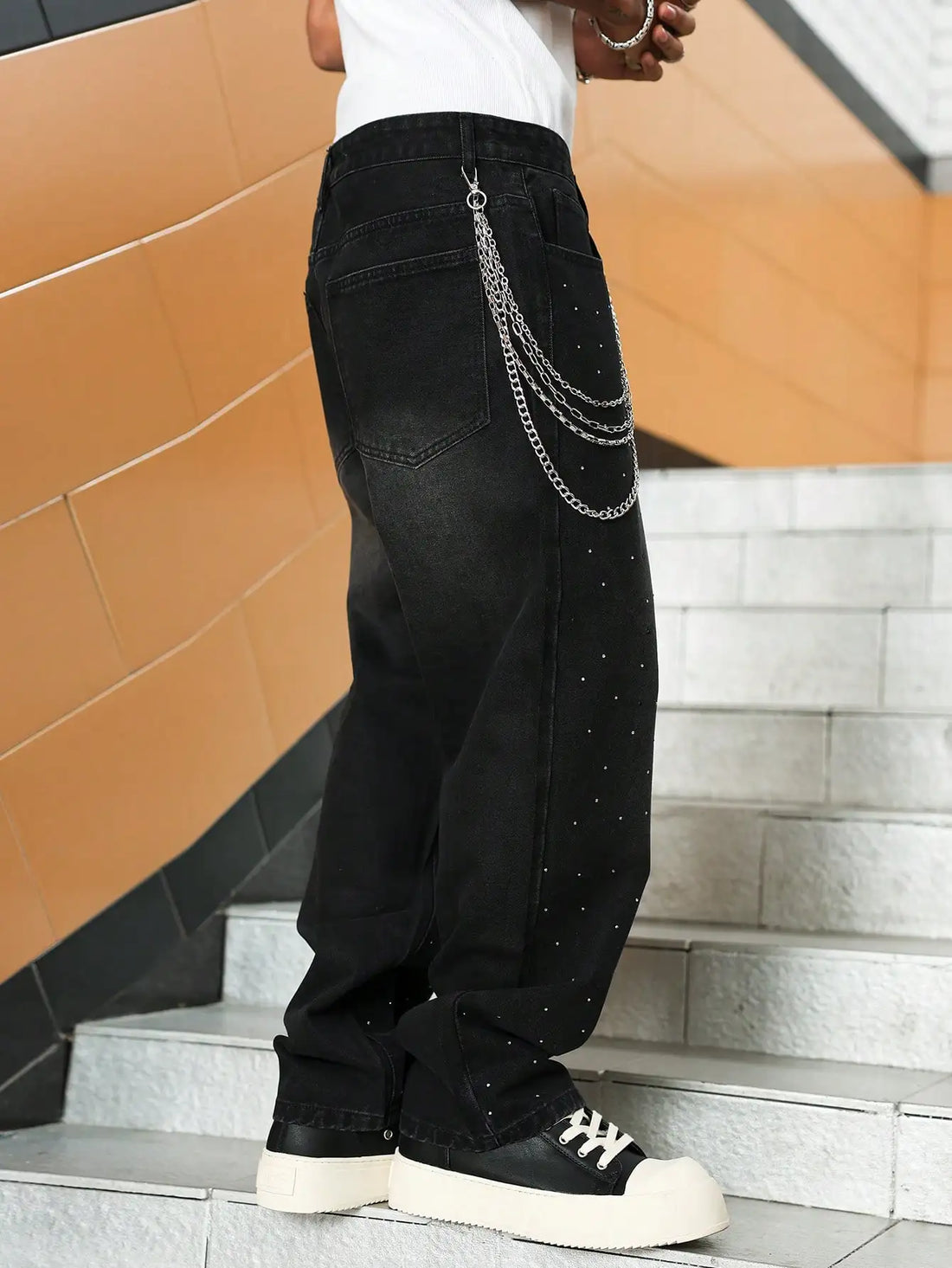 Men’s Black Rhinestone Denim Wide-Leg Pants – Streetwear Fashion Jeans