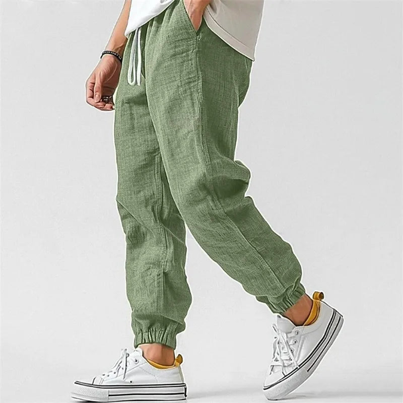 Men's Cotton Linen Blend Jogger Pants High Waist Casual Trousers Breathable Fit Pants