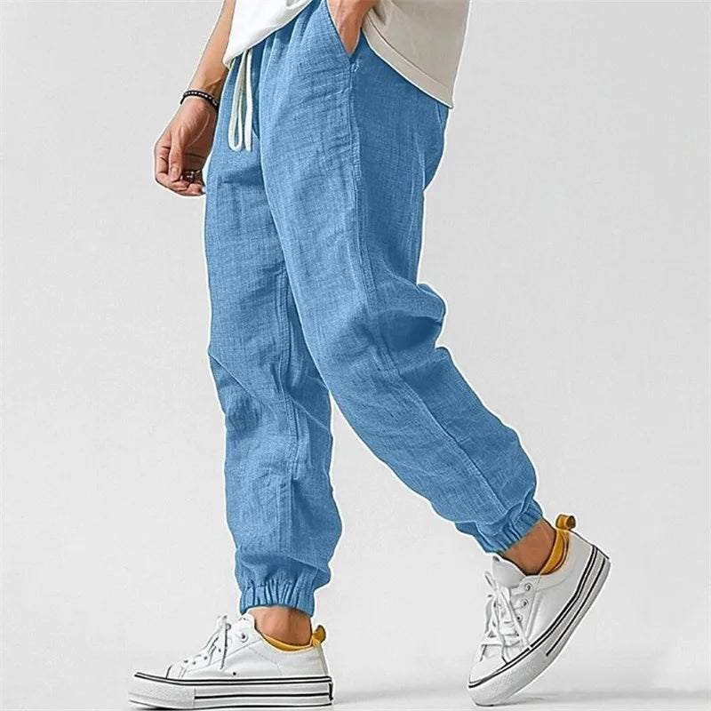 Men's Cotton Linen Blend Jogger Pants High Waist Casual Trousers Breathable Fit Pants